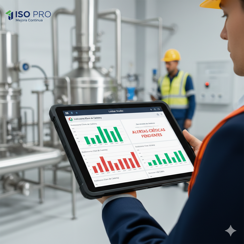 Dashboard digital de ISO PRO Solutions mostrando indicadores de calidad y alertas críticas en una tablet dentro de una planta industrial.